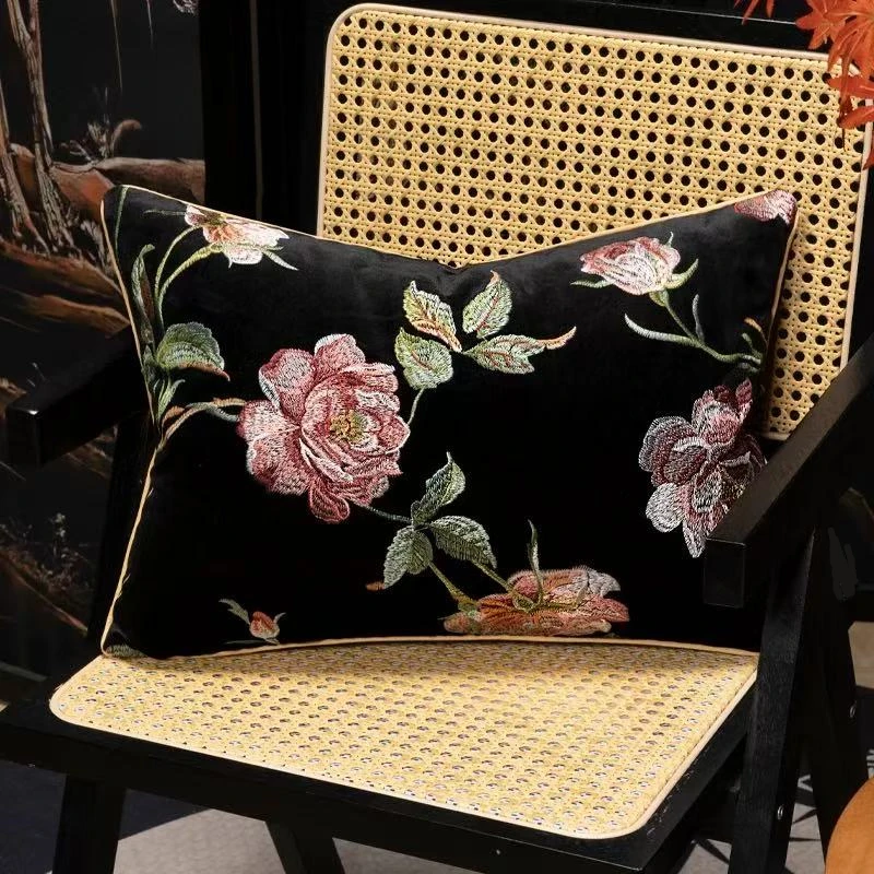 Luxury Floral Embroidery Home Chair Decorative Pillow Cover Lumbar Armchair Sofa Velvet Cushion Cover 35x50cm 1 Piece Pack