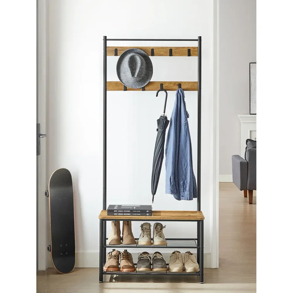 

Вешалка для одежды, тумба-скамья для прихожей с местом для обуви, скамья для прихожей с хранением обуви, 3-в-1, стальной каркас