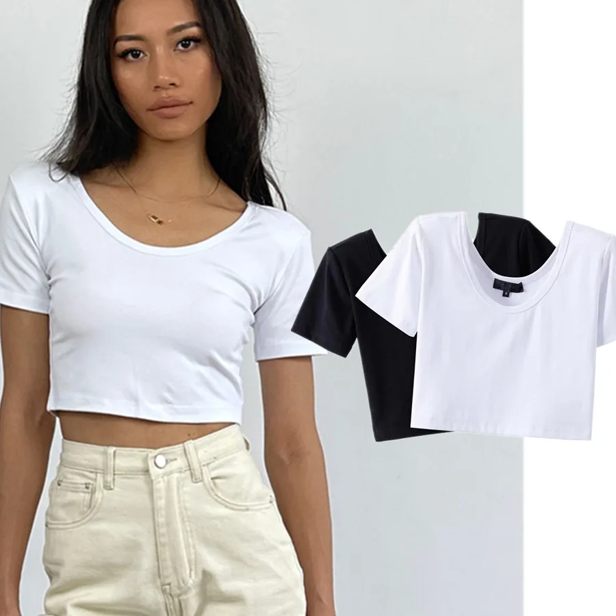 

Maxdutti England Style High Street Retro Shoulder Pad High Waist Short O-neck Cotton Crop 2023 Summer Tshirts Women Tops