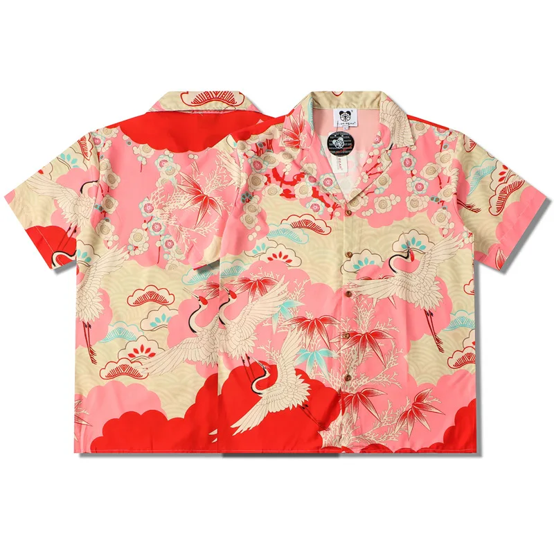 Summer Couple Clothing Vintage Casual Oversized Man Hawaiian Beach Shirt New Trendyol Mens Crane Print Short Sleeve Pink Shirts