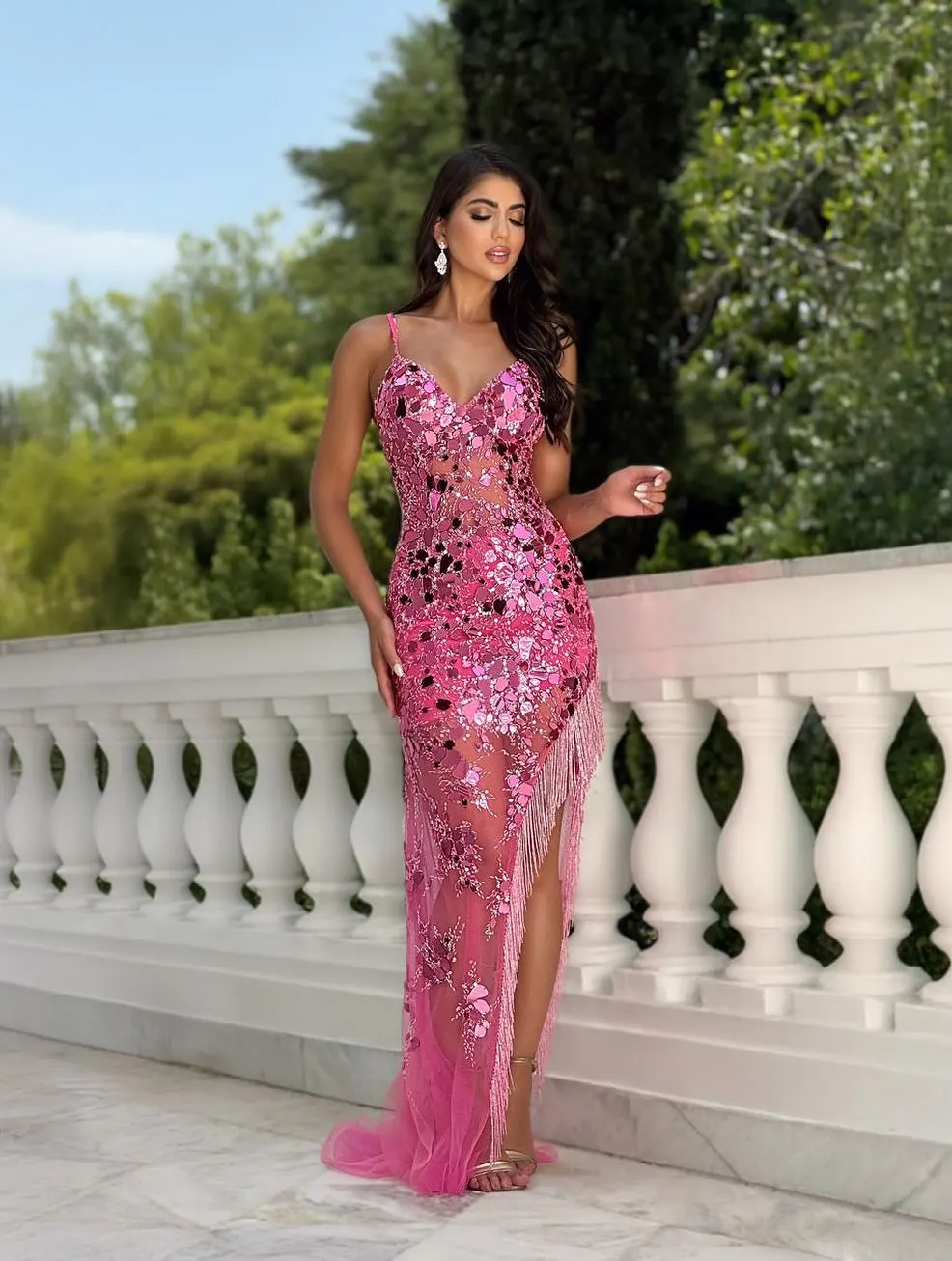 

Ofherown Luxury Sequins Bead Tassel Evening Dress Hot Pink Slit Spaghetti Strap Mermaid Prom Gowns Illusion vestidos de fiesta