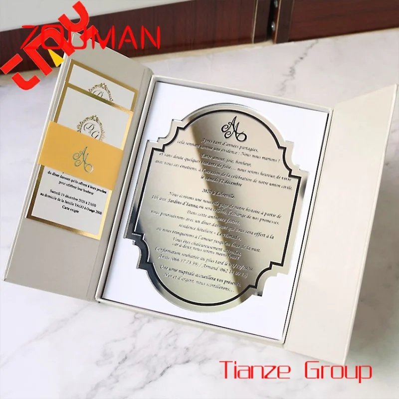 Custom , High Quality Custom Luxury Gold And Silver Acrylic Mirror Sheet Invitation Card Decor Acrylic Wedding Cards With Envelo