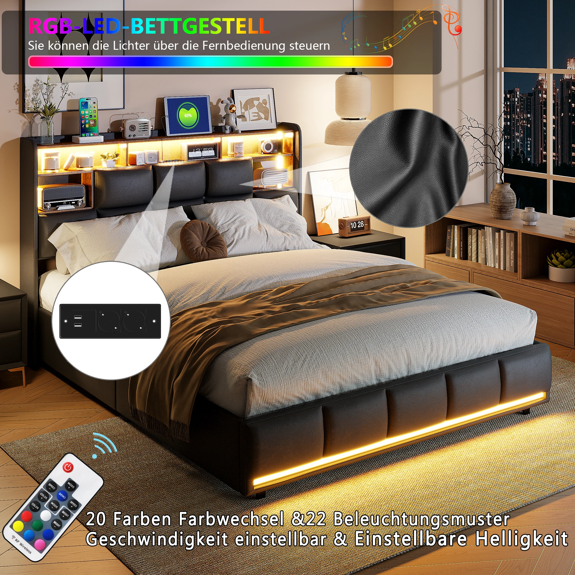 Cama Doble Fangange 140x190cm con Iluminación LED, Cama con Almacenamiento Hidráulico 140/160x200cm, Cabecera con Carga Tipo-C