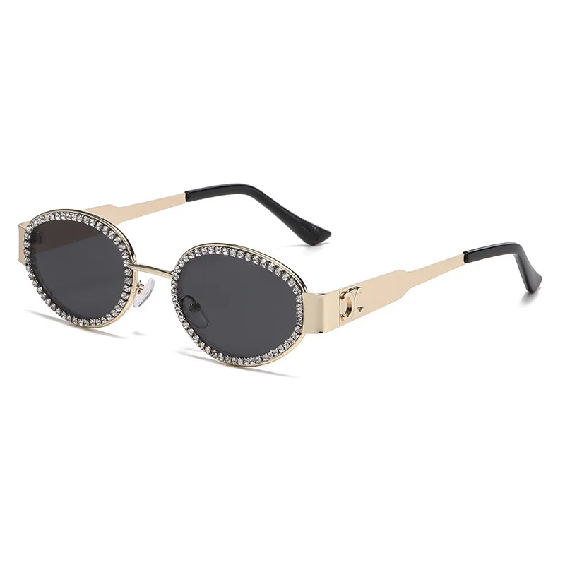 Mit Diamanten besetzte Retro-Sonnenbrille mit kleinem braunem Spiegel, Metall-Sonnenbrille mit Etikett