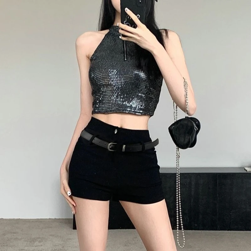 Women's Halter Sequin Crop Top High Waist Shorts Set Sweet Cool Streetwear Bodycon Two Piece Outfit For Jazz Dance Party Wear