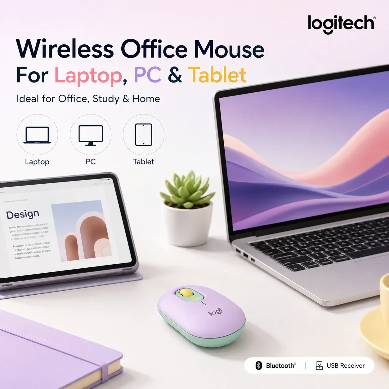Logitech POP M350 Colorful Bluetooth Mouse Silent Click Slim Profile Expressive Style Kawaii Computer Accessories for Women Girl