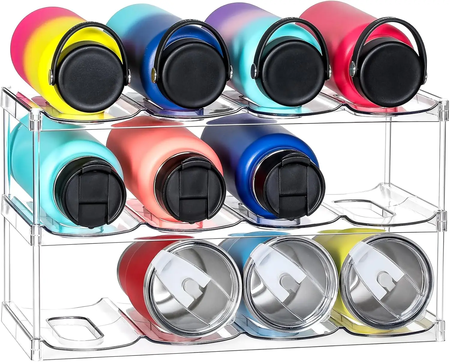 

Органайзер для бутылок с водой, 3-ярусный, штабелируемый, с большими отделениями для стаканов объемом 40 унций, прозрачная подставка для домашнего хранения