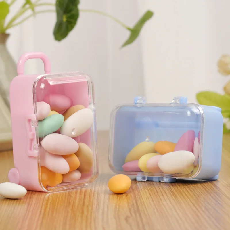5Pcs Mini Travel Luggage Plastic Chocolate Candy Box Suitcase Gift Packing Box for Wedding Baby Shower Birthday Party Decoration