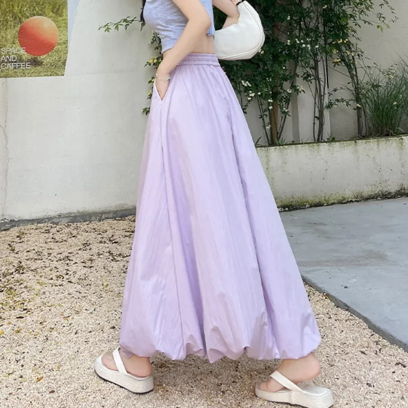 Saia longa casual monocromática feminina, saia bolha feminina, cintura alta, linha A elástica, moda verão, coreana, 2024