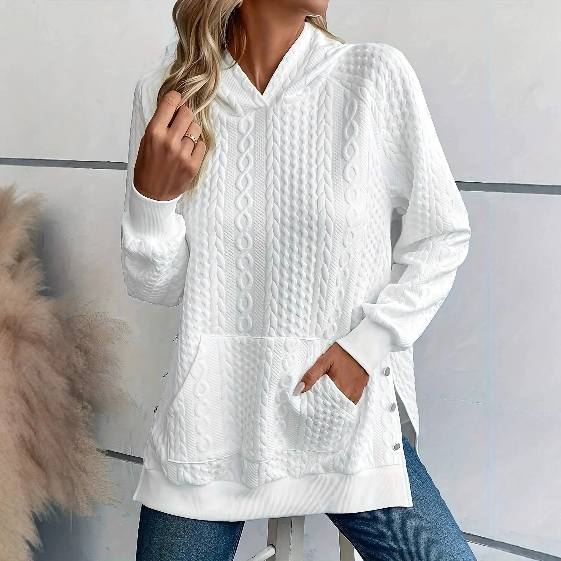 Casual Hooded Sweatshirt Ladies Textured Cable Pattern Kangaroo Pocket Side Button Split Loose Pullover