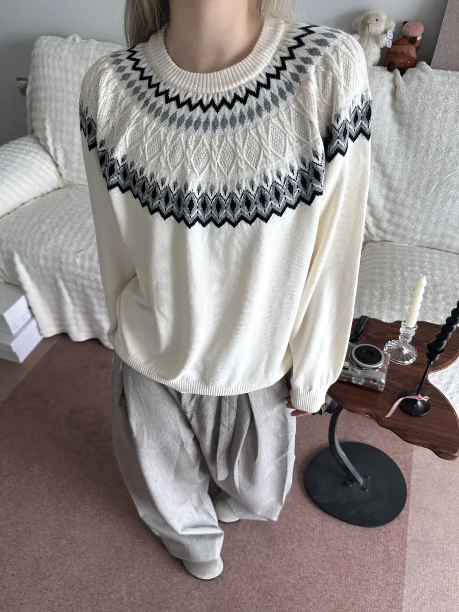 

Cleanfit American Retro Fair Isle Knitted round Ne Sweater Men's Loose Fit Luxury Lazy Sle Top Cotton Acrylic Wool Leather