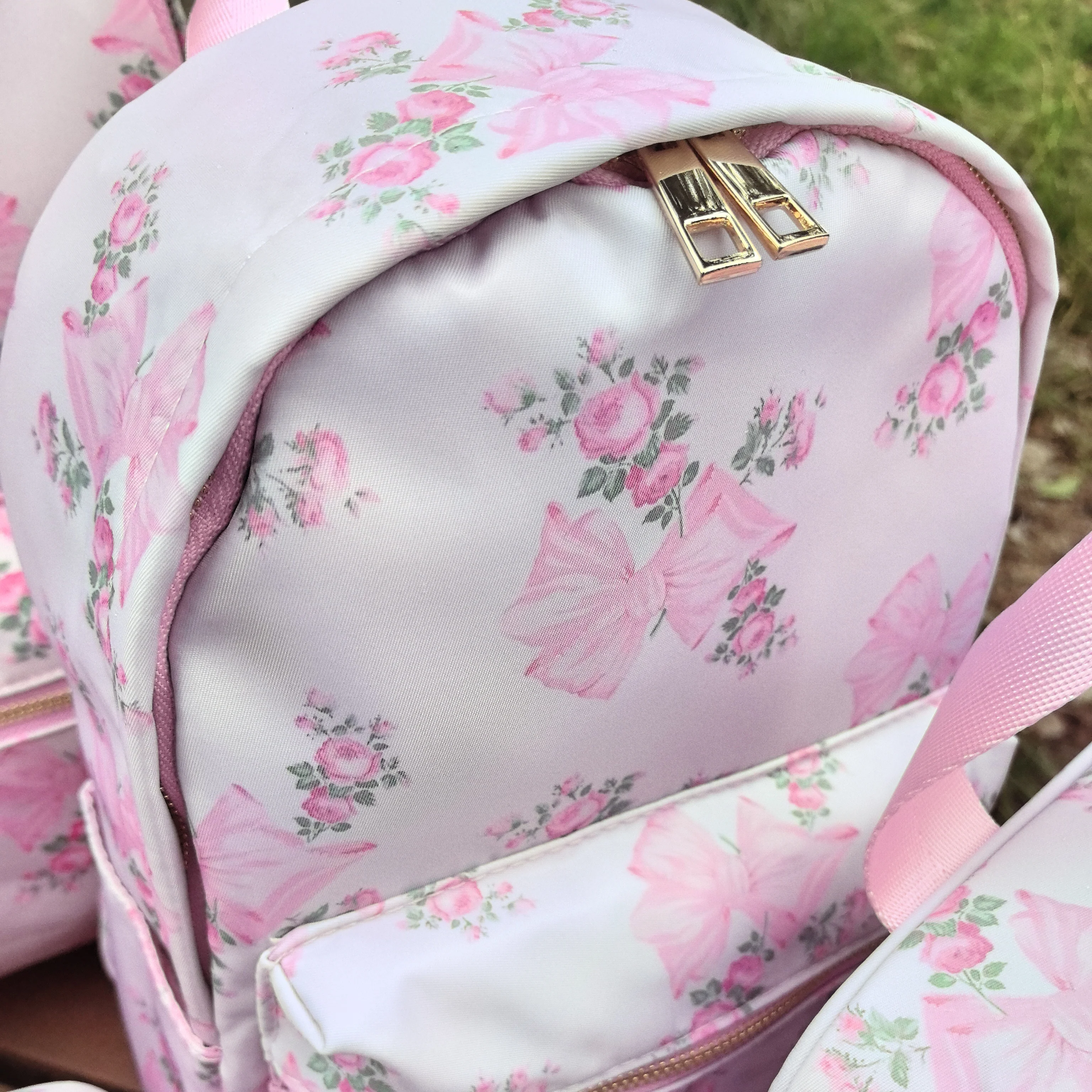 Large Capacity Pink Waterproof Backpack Floral Bowknot Nylon Backpack Bow Printed Flower for Women Girl Customizable Pattern