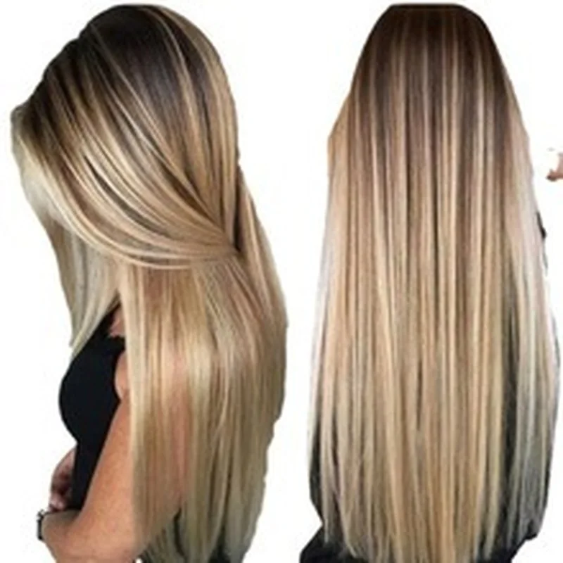 European and American fashion wig, dyed mixed color golden middle-parted long straight hair set