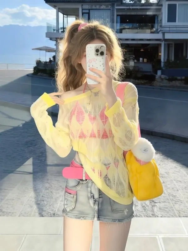 Laid-back Style Yellow Semi-Transparent Long Sleeve Cover up T-shirt Women's Spring Summer New Korean Style Loose Slimming Th...