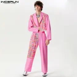 INCERUN-Conjunto de chaqueta y pantalones con estampado de encaje para hombre, traje informal de manga larga con solapa de retales, ropa de calle a la moda, 2024