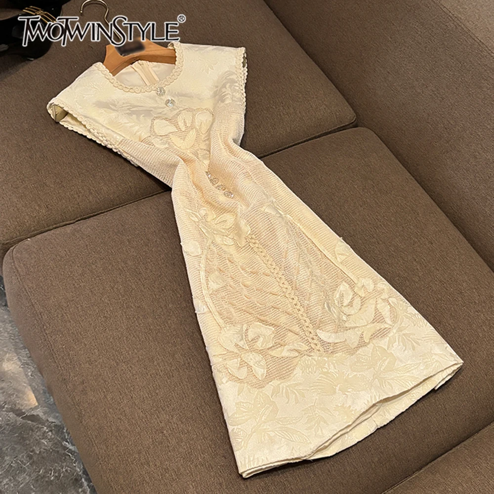 

TWOTWINSTYLE Elegant Printing Dresses For Women Round Neck Sleeveless High Waist Spliced Diamonds Chic Dress Female KDR536736
