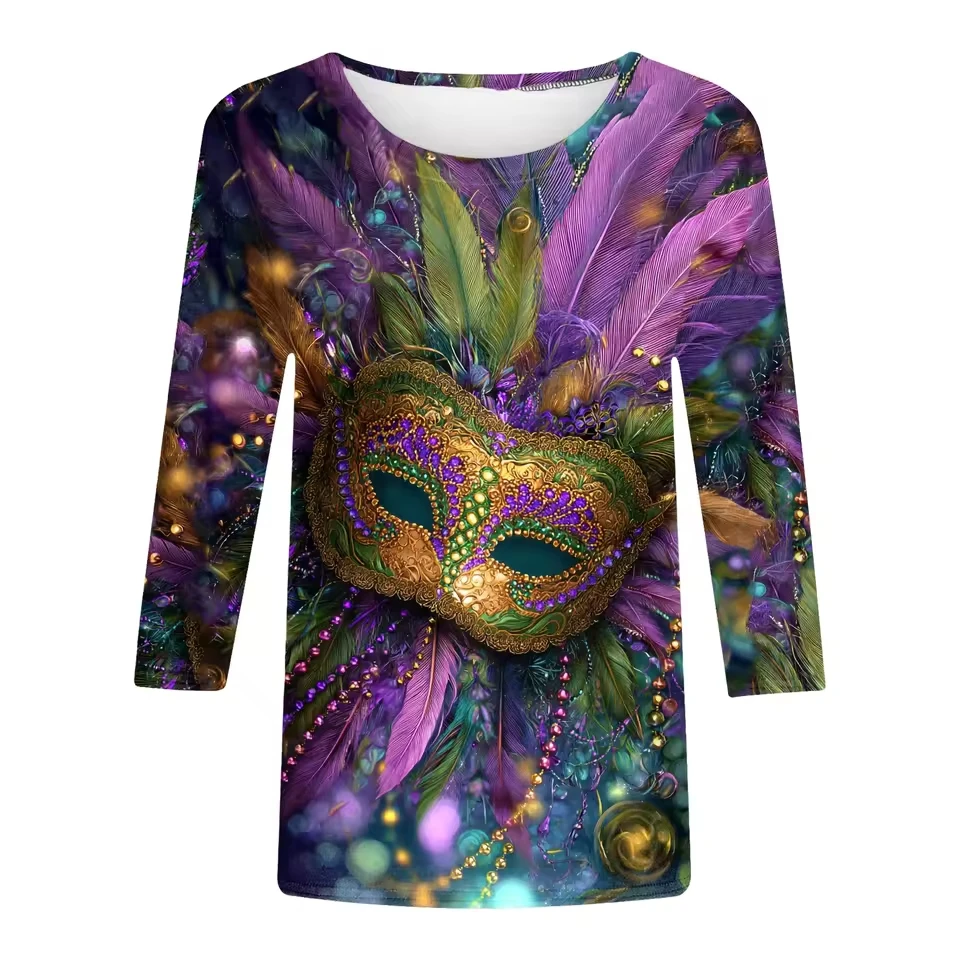 

Women'S Carnival Print Shirt Round Neck Three Quarter 3/4 Top Neck Top For Women Female,Plus Size New Korean Fashion Blouses