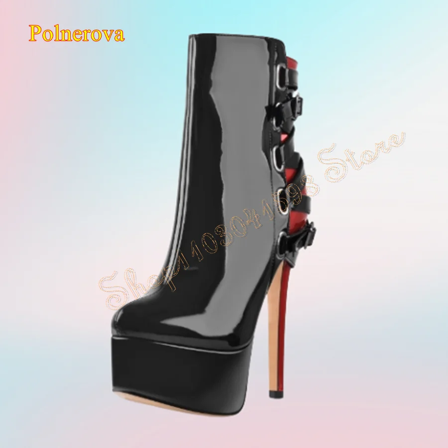 

Thick Soled Patent Leather Ankle Boots,Zipper Buckle High Heel Boots Round Toe Stiletto Women Boots2024 New Zapatos Para Mujere