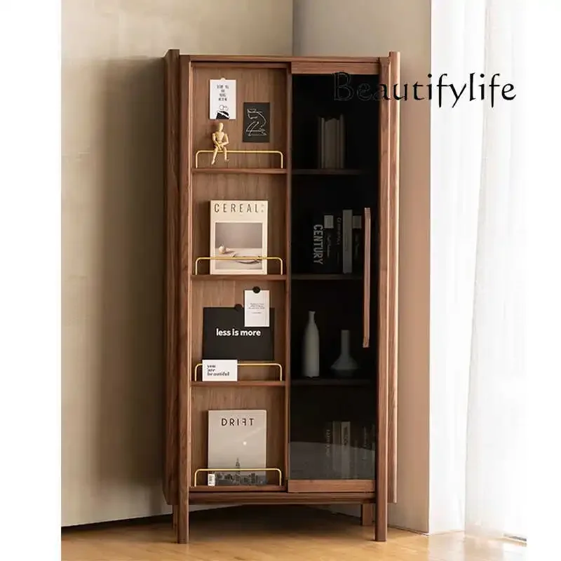 

muebles para hogar Black walnut all solid wood bookshelf combination book floor storage display study glass door locker