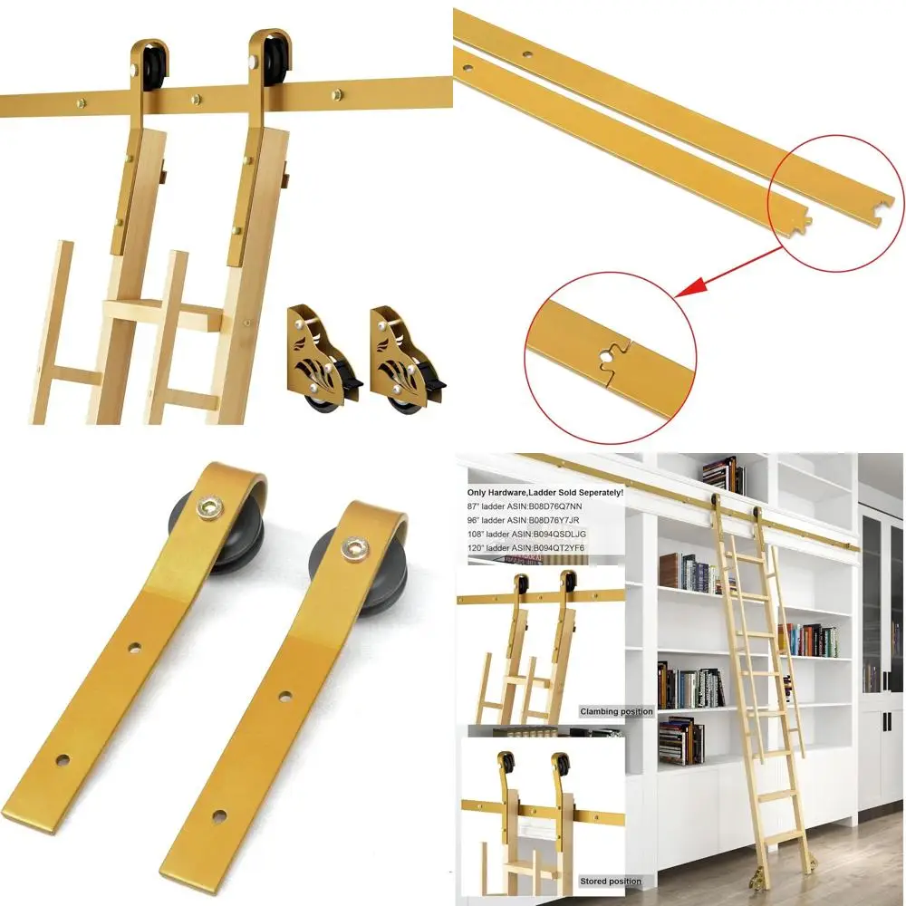 16FT Sliding Library Ladder Hardware Kit, Rolling Track System with Braking Floor Rollers, Gold Finish, Ladder Not Included