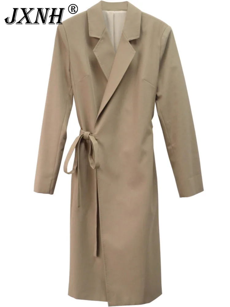 

Simple Solid Color Elegant Lace Up Slimming Dress 2024 Spring New Women's Knee Length Long Suit Collar Versatile Temperament