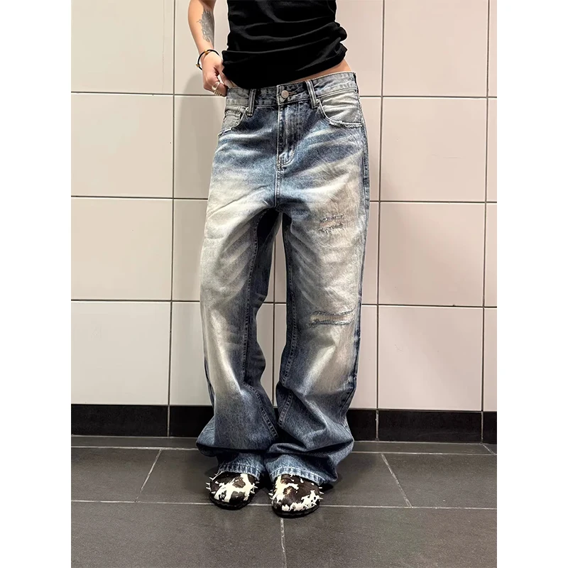 Blue Vintage Y2k Women Jeans Wash Harajuku Low Waist Japanese 2000s Style Denim Pants Baggy American Streetwear Summer