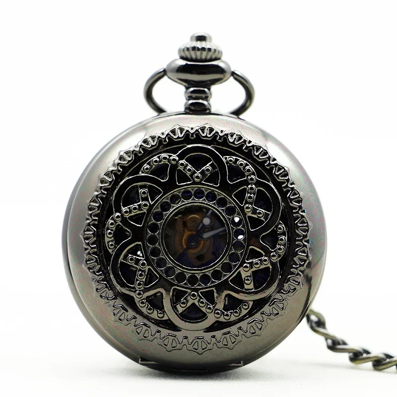 

Vintage Skeleton Engraved Hunter Mechanical Pocket Watch For Women Blue Roman Numeral Dial Hand Wind Watch Chain Pendant Gifts