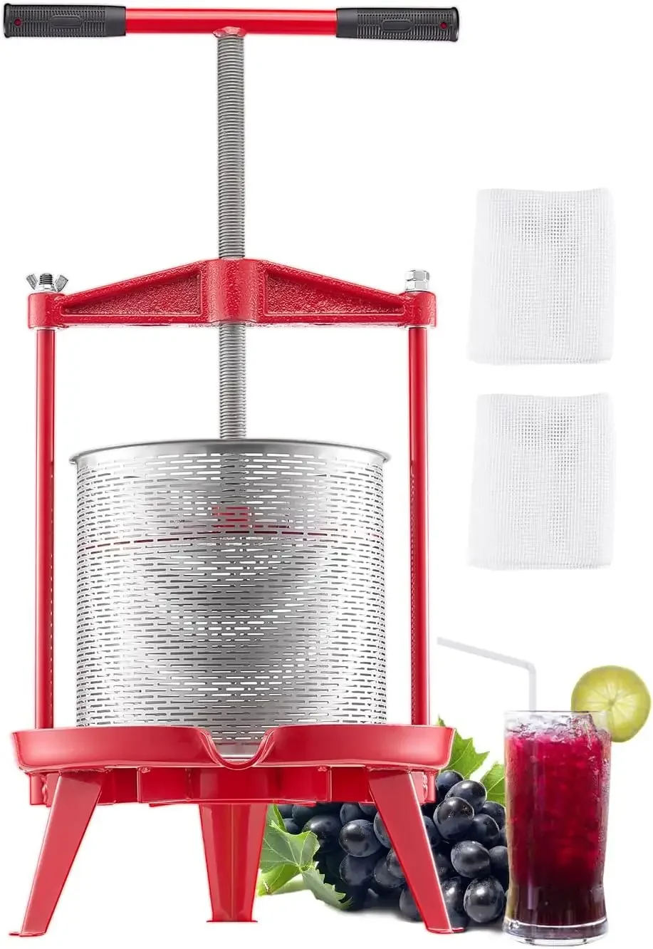 3.69 Gal/14L Fruit Press, Stainless Steel Basket with Cross-beam and Triangular Structure, Manual Juice Maker, Cider Apple Grape