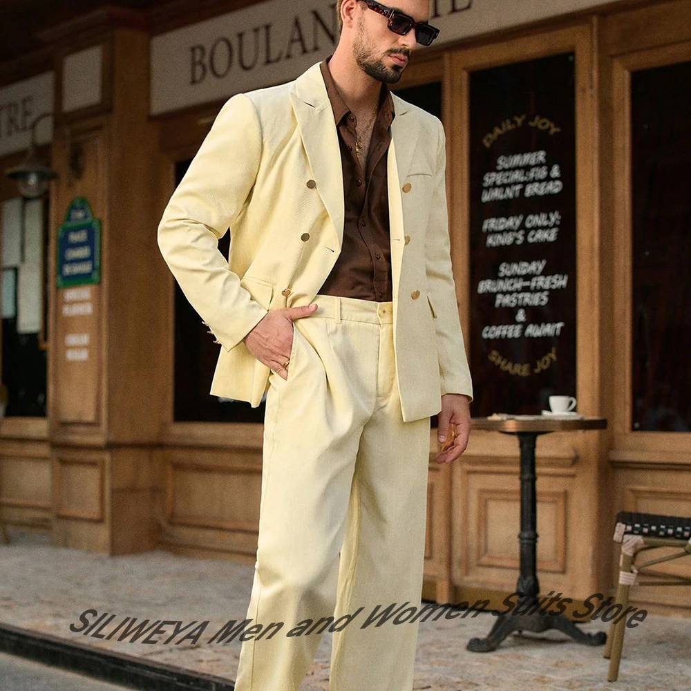 

Пастельно-желтый двубортный костюм для мужчин: легкий, элегантный комплект из 2 предметов (пиджак + брюки) для летних свадеб и коктейльных вечеринок
