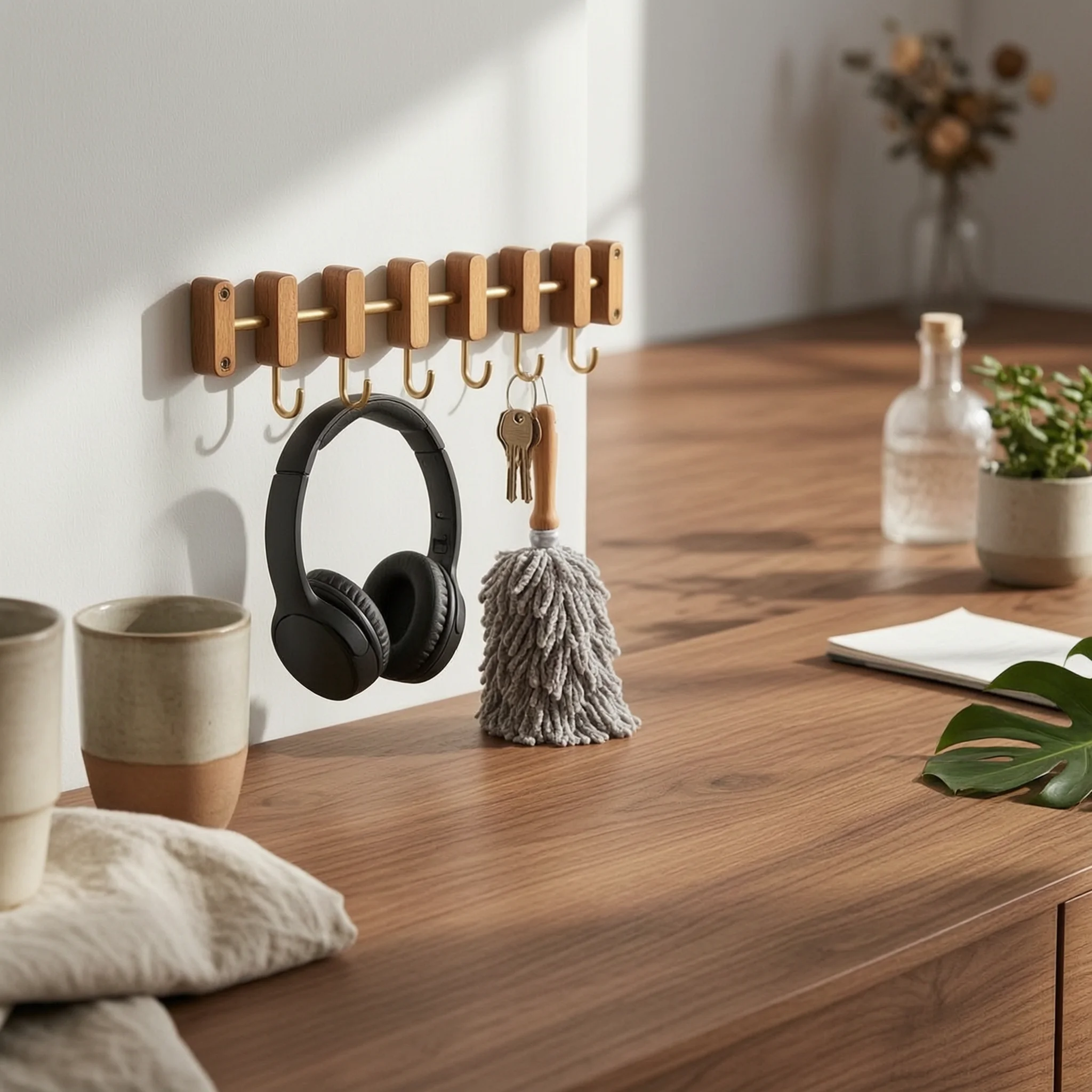 Wall Coat Rack with Sliding Hooks Space-Saving Wooden Hook Rack with Metal Rod Adjustable Wall Hanger Stylish Organizer