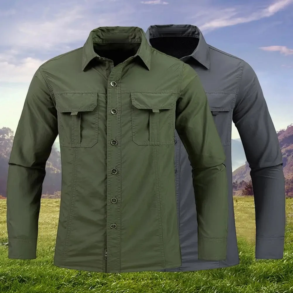 Men Summer Tactical Long Sleeved Shirts US Hot Outdoor Multi-pocket Army Green Waterproof Summer Camping Fishing Cargo Shirts