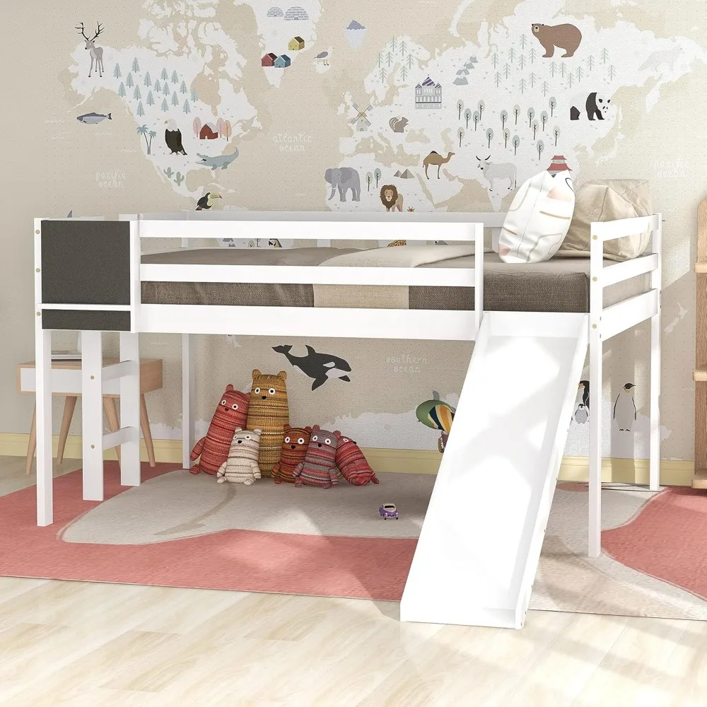 

Loft Bed with Slide,Stair and Chalkboard Frame W/Ladder & Security Fence,No Box Spring Needed,for Kids Solid Pine Wood Bed