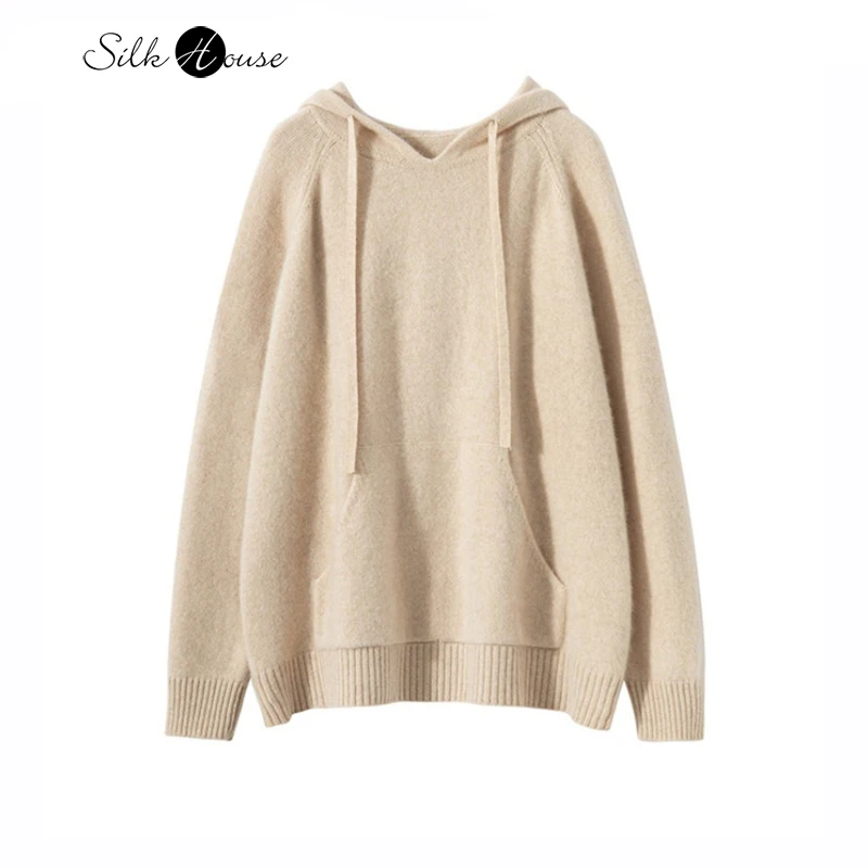 

2024 Women's Fashion Autumn/Winter New 100% Cashmere Solid Color Loose Hoodie with Shoulder Pullover Head Knitted Sweater