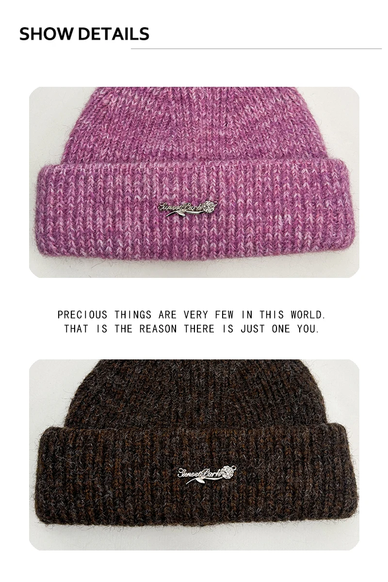Neue Damen-Strickmützen mit koreanischen Metallblumen-Buchstaben, warm, süß, modisch, schlichte Beanies, vielseitig für Outdoor, Freizeit, Klettern und Reisen. – Detail 3