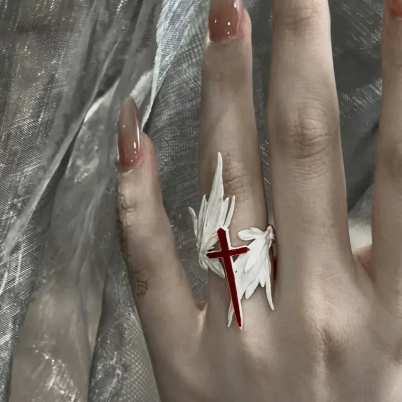 Simple Freedom Wing Cross Feather Adjustable Open Ring Creative Angel Figure Design Unisex Minimalist Fashion Finger Accessory