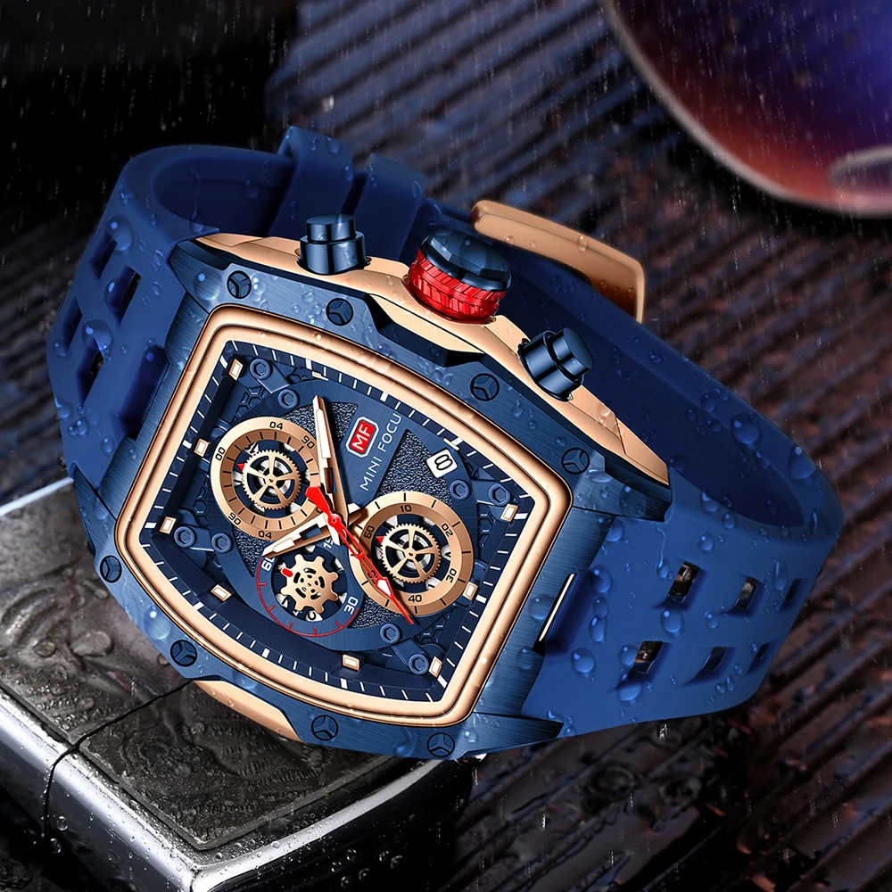 Blue Sport Chronograph Wristwatch Men Fashion Rubber Strap Quartz Watches Man Business Stainless Steel Clock Hot Sale Product