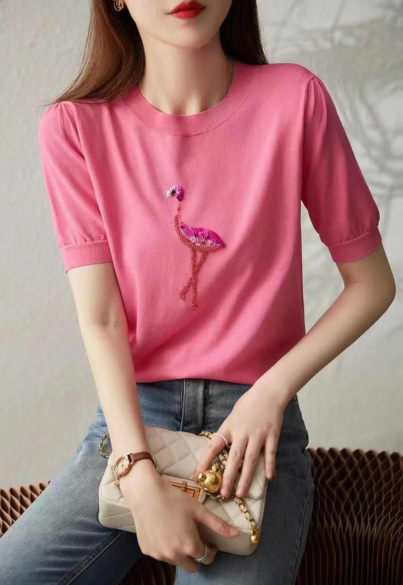 

Fashion flamingos nailed beaded sequin ice silk short sleeve knitted sweater women summer loose large size half sleeve T-shirt