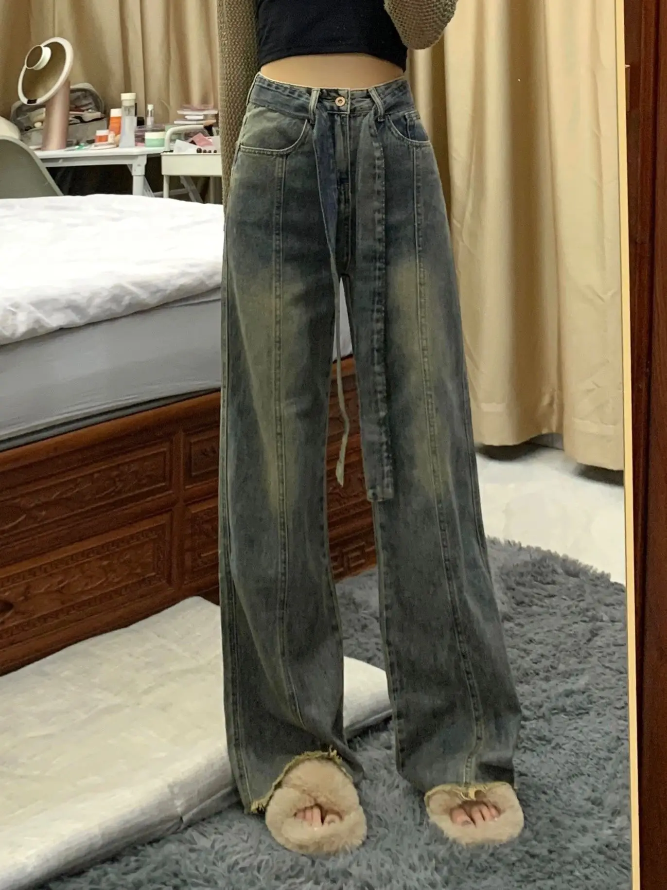 الرجعية الأمريكية واسعة الساق الدينيم الجينز المرأة حجم صغير الخريف جديد كبير الحجم عالية الخصر فضفاض مستقيم السراويل الطويلة #2
