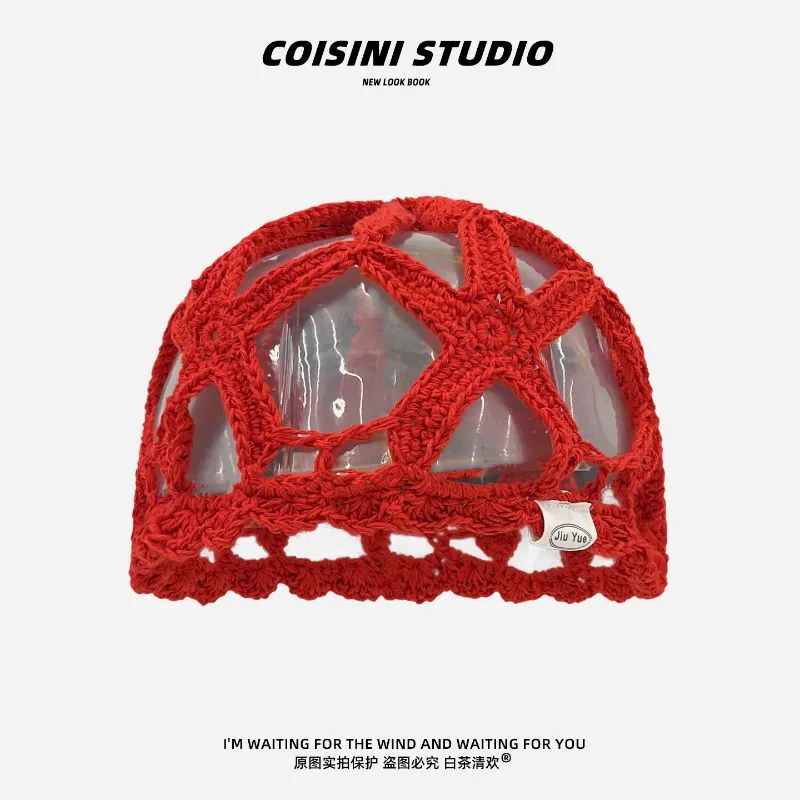 Niche Handmade Crochet Hollow Breathable Pullover Hat for Women Spring and Summer Outdoor Street Fashion Bowler Beanie Caps