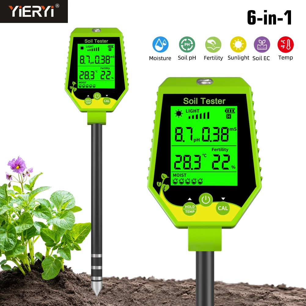 Yieryi Kit tester digitale per l\'umidità del suolo PH/EC/umidità/luce solare/fertilità/temperatura Misuratore PH 6 in 1 per giardinaggio di piante