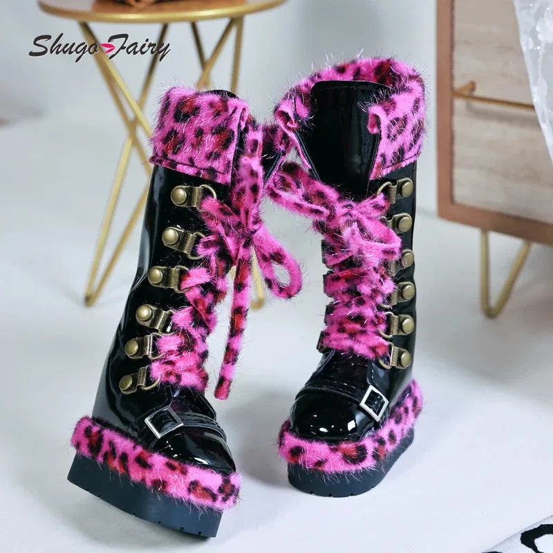 Shuga Fairy Bjd 1/4 Shoes Fits Bariy Flat Heel Fashion Leather Boots With Leopard Print High-top WX4-381 Bjd Doll Accessories