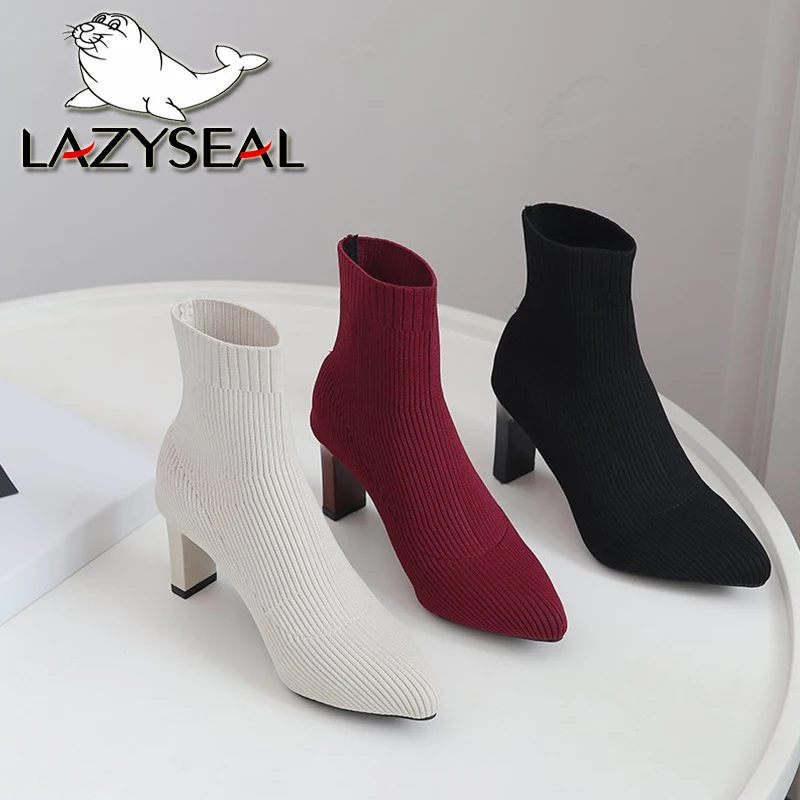LazySeal rozciągliwa tkanina kobiety botki jesień moda miękkie skarpety buty Med obcasy jednolity kolor szpiczasty nosek kobieta Botas Mujer