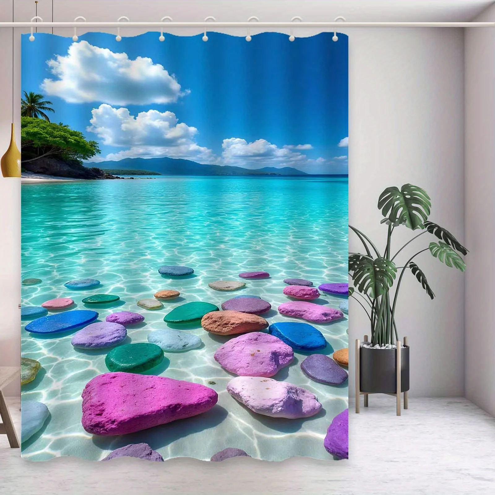 

Beautiful Tropical Beach Shower Curtain Colorful Rocks in Clear Water Ocean View Nature Art Vacation Decor Waterproof Fabric
