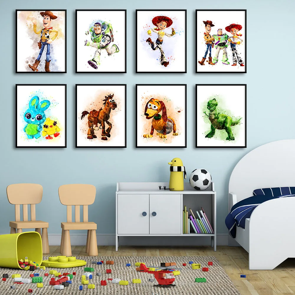 Toy Story Watercolor Painting Print Canvas Poster Buzz Lightyear Woody Jessie Animal Pictures Kids Room Wall Art Decor Cuadros