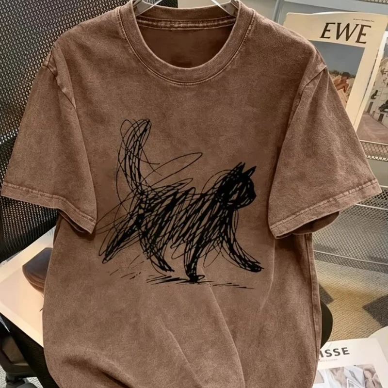 Vintage Washed Men T-shirt Funny Black Cat Graphic Heavy Cotton Short Sleeve, UPS/FEDEX Air, 3-5Day Delivery