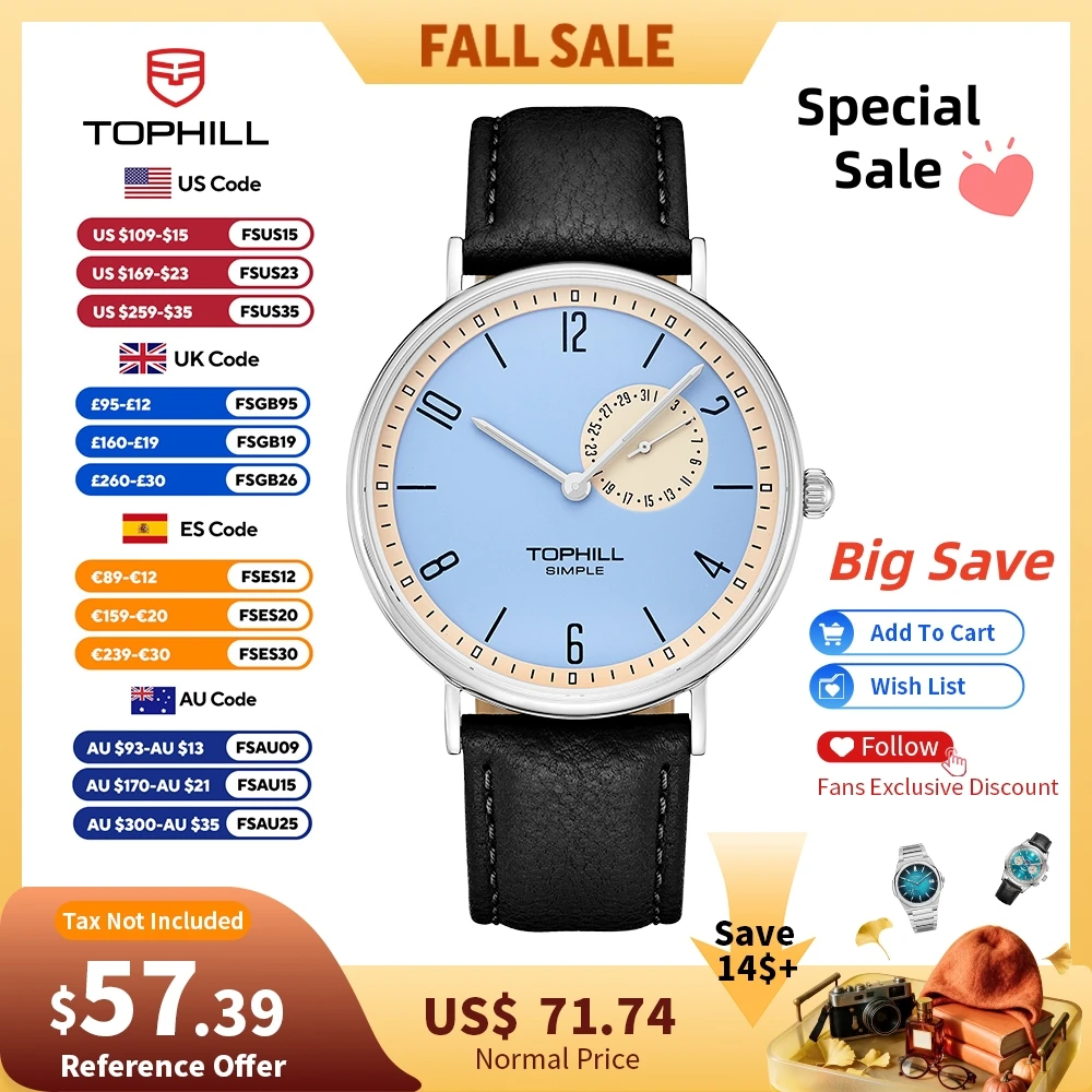TOPHILL Herren-Quarzuhr, schlichter Stil, 40 mm, VD72, Premium-Lederarmband, flaches Saphirglas, mattes Zifferblatt, 5 Bar, TS016G.C