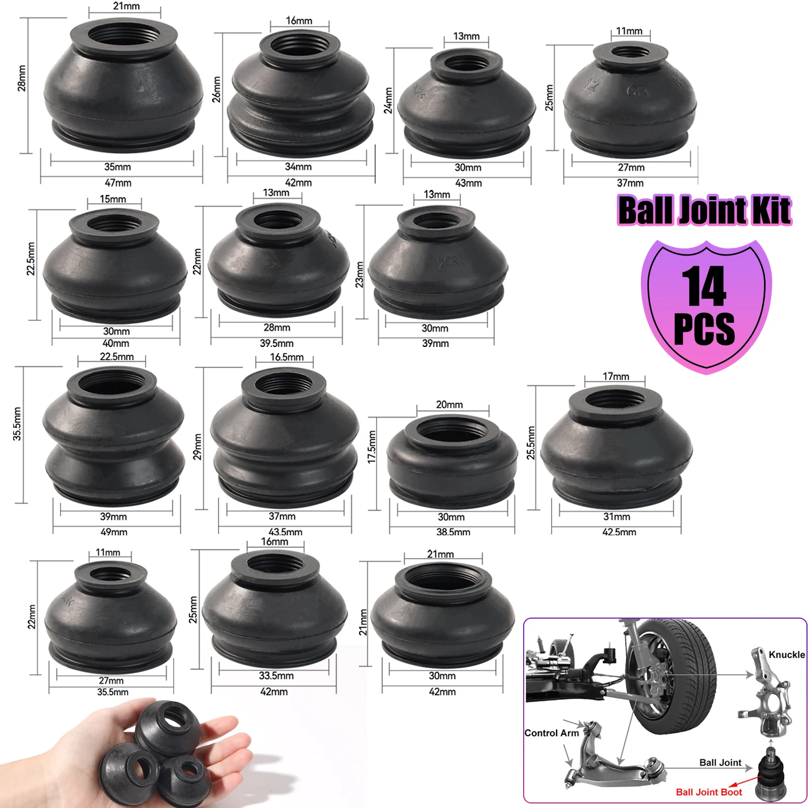 14x Universal Multipack Rubber Ball Joint Boot Dust Covers Caps Tie Rods Linkages Ends Replacement Kit Protector Car Accessories