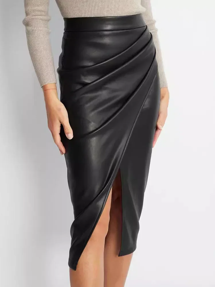Women's Autumn Winter Pu Leather High Waisted Zipper Pleated Midi Skirts Sexy Bodycon Office Lady Trendy Skirt