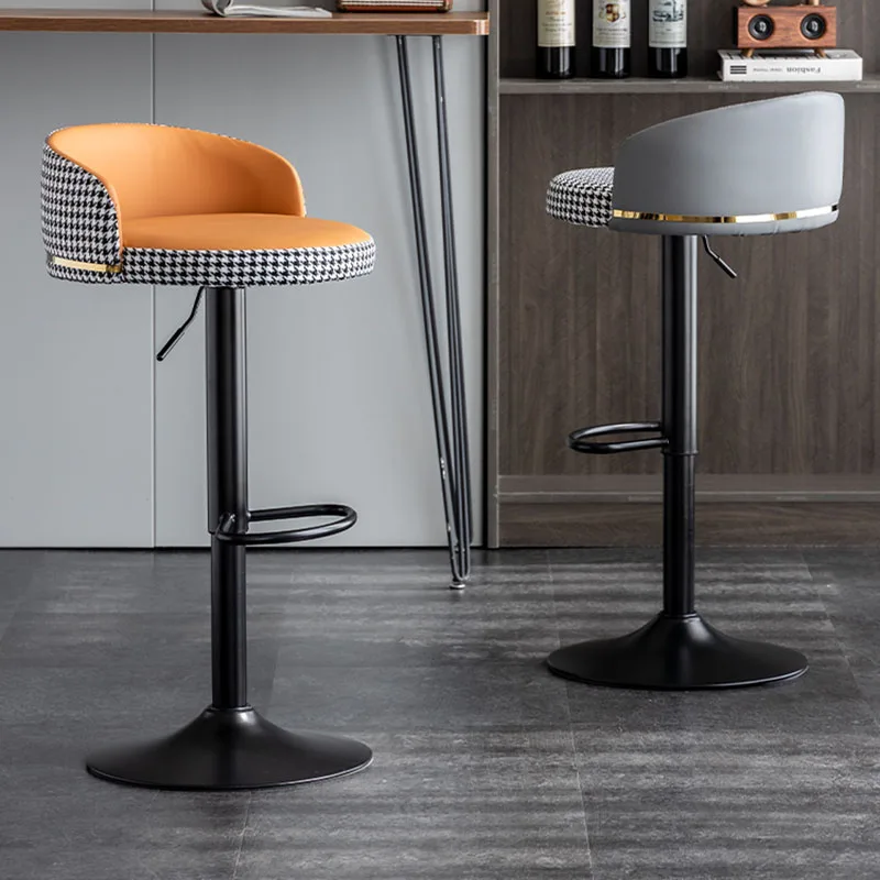 

Leather Modern Bar High Chair Round Kitchen Luxury Minimalist Swivel Chair Metal Design Black Banqueta Alta Nordic Furniture