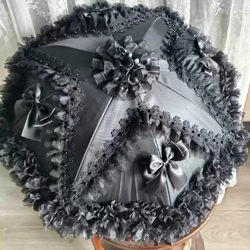 Lolita Lace Princess Umbrella Dark Victorian Frilly Parasol for Cosplay Vintage Black Wedding Prop Umbrella Gothic Sun Parasol